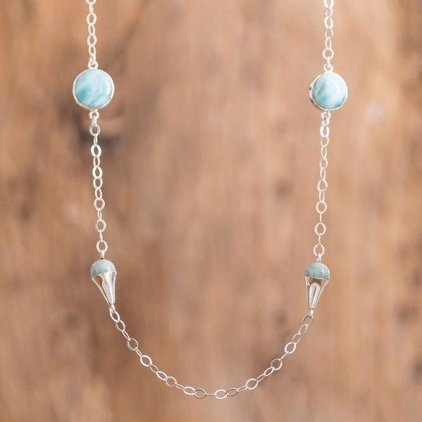 Alternate image for Sterling Silver Station Necklace with Jade and Larimar Gems Precious Union
