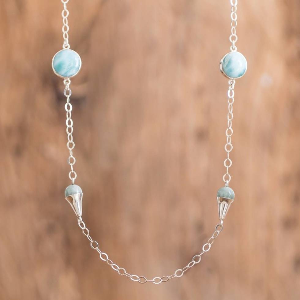 Sterling Silver Station Necklace with Jade and Larimar Gems 'Precious Union'