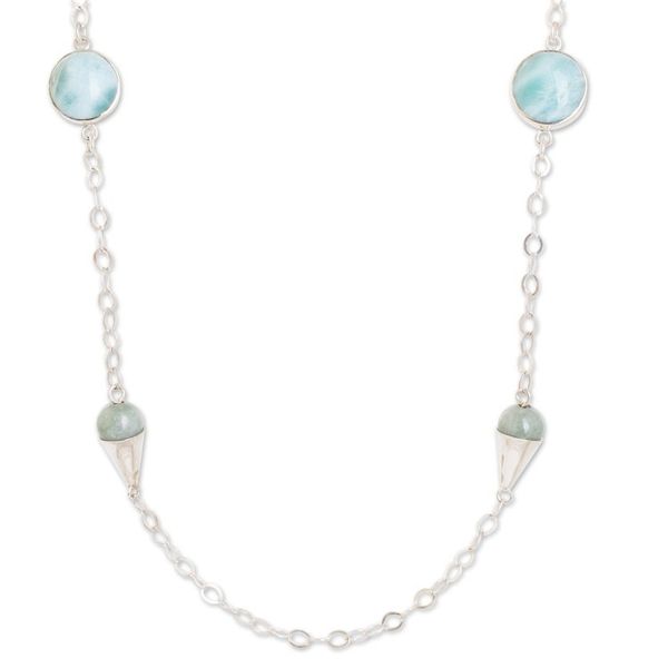 Alternate image for Sterling Silver Station Necklace with Jade and Larimar Gems Precious Union