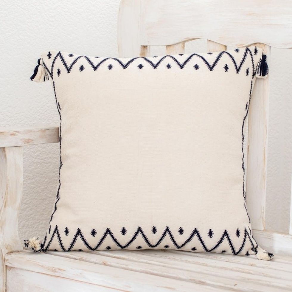 Hand Woven Cotton Throw Pillow Cover With Tassels 'Zig Zag Waves'