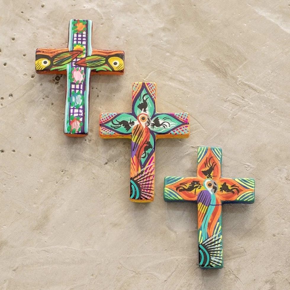 Hand Painted Cross Ceramic Refrigerator Magnets Set of 3 'Bird and Flower Crosses'