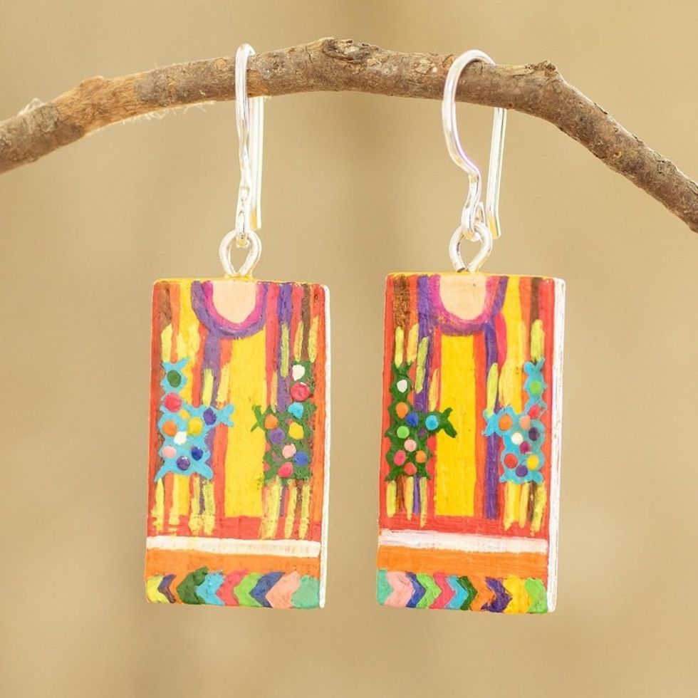 Cedar Wood Hand Painted Huipil Earrings from Guatemala 'San Juan Huipil'