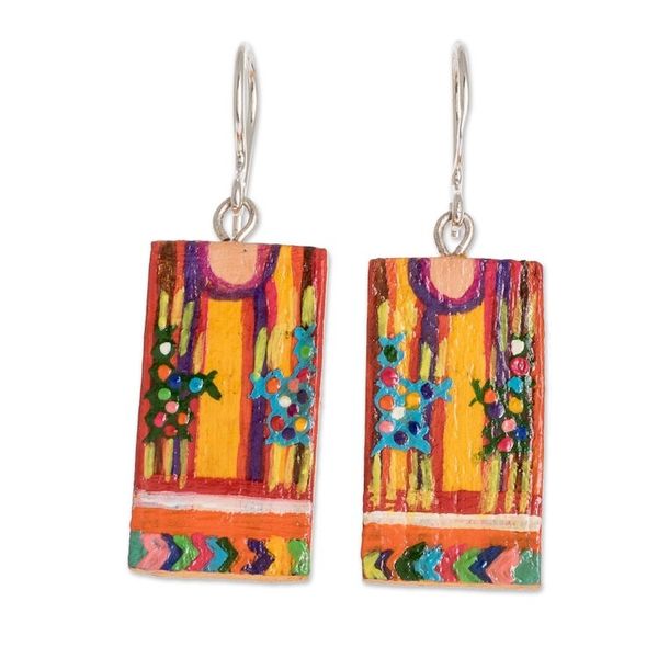 Alternate image for Cedar Wood Hand Painted Huipil Earrings from Guatemala San Juan Huipil