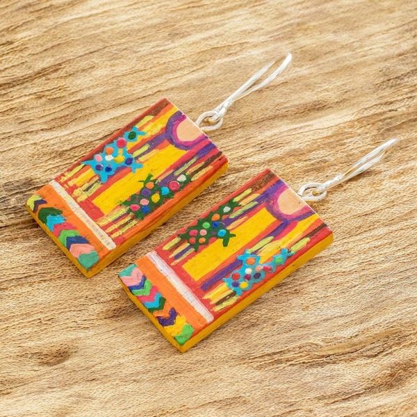 Alternate image for Cedar Wood Hand Painted Huipil Earrings from Guatemala San Juan Huipil