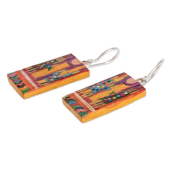 Alternate image for Cedar Wood Hand Painted Huipil Earrings from Guatemala San Juan Huipil