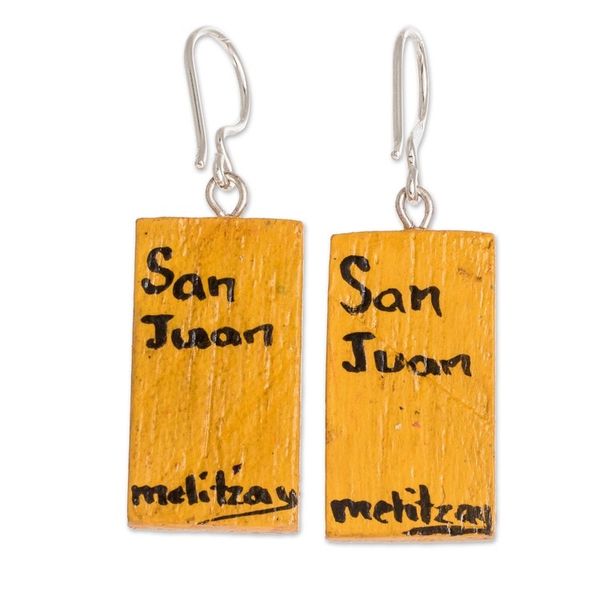 Alternate image for Cedar Wood Hand Painted Huipil Earrings from Guatemala San Juan Huipil
