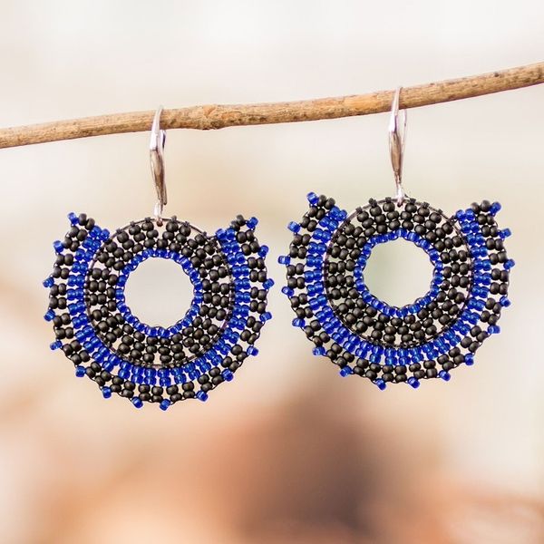 Alternate image for Blue and Black Glass Beaded Dangle Earrings on Steel Hooks Blue and Black Moon