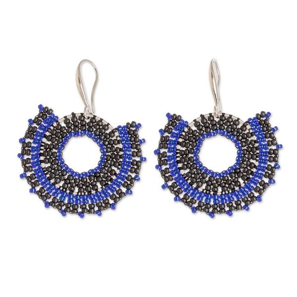 Alternate image for Blue and Black Glass Beaded Dangle Earrings on Steel Hooks Blue and Black Moon