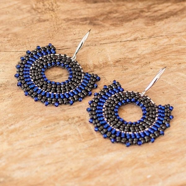 Alternate image for Blue and Black Glass Beaded Dangle Earrings on Steel Hooks Blue and Black Moon