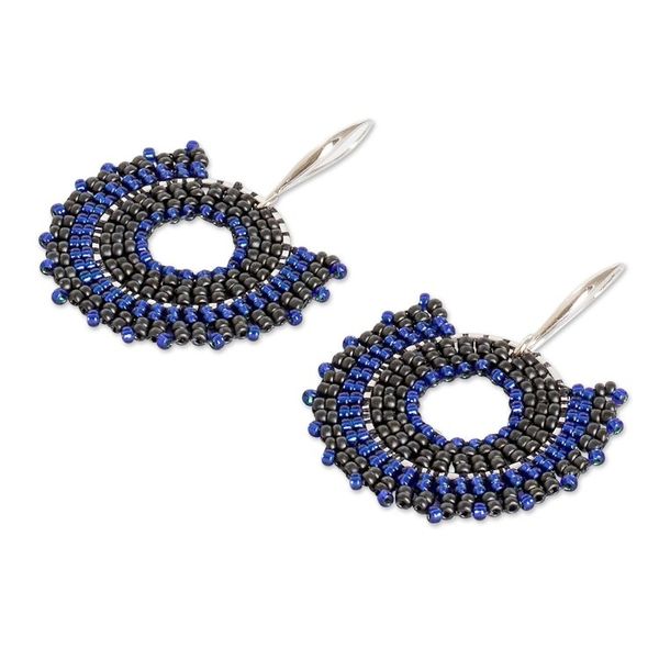 Alternate image for Blue and Black Glass Beaded Dangle Earrings on Steel Hooks Blue and Black Moon