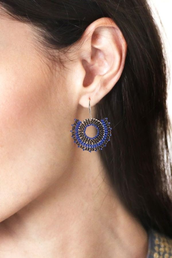 Alternate image for Blue and Black Glass Beaded Dangle Earrings on Steel Hooks Blue and Black Moon