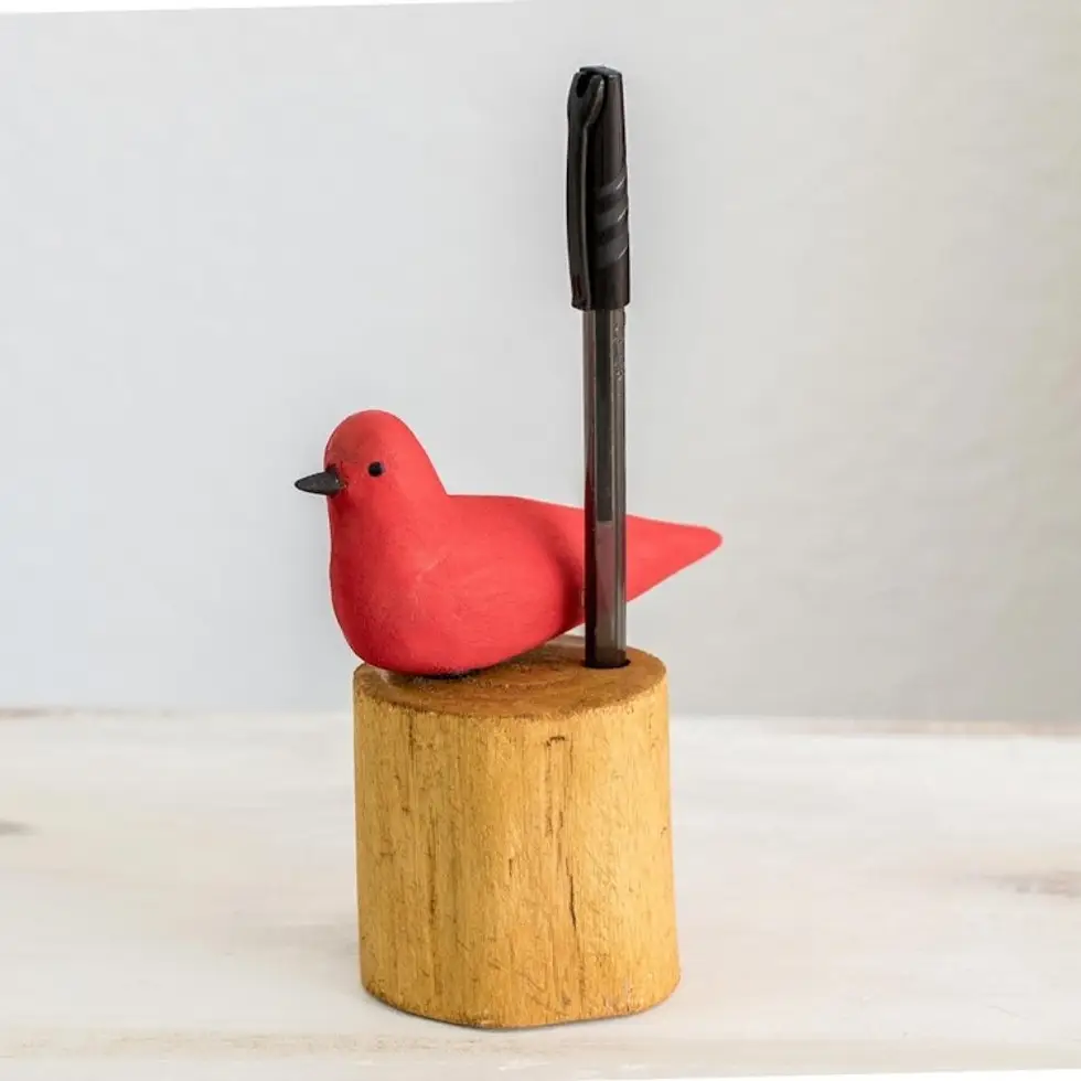 Hand Carved Summer Tanager Bird Balsa Wood Pencil Holder 'Red Summer Tanager'