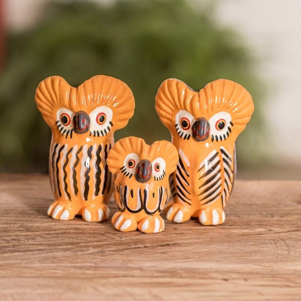 Artisan Made Ceramic Owl Figurines from Guatemala Set of 3 'Relaxed Tecolote Family'