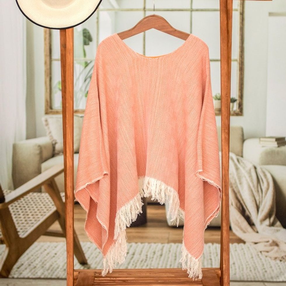 Handloomed Cotton Poncho in Orange Tones from El Salvador 'Orange Sand'