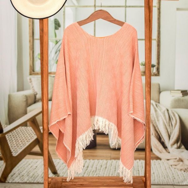 Alternate image for Handloomed Cotton Poncho in Orange Tones from El Salvador Orange Sand