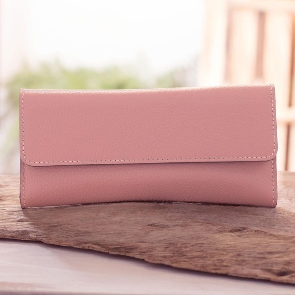 Rosewood Pink Leather Tri Fold Wallet With Snap Closure 'Salvadoran Rosewood'