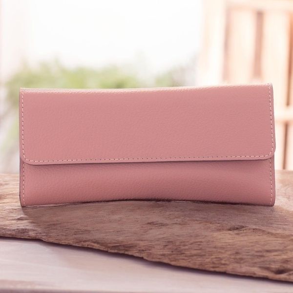 Alternate image for Rosewood Pink Leather Tri Fold Wallet With Snap Closure Salvadoran Rosewood