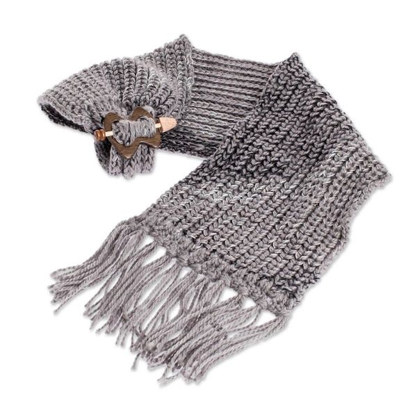 Alternate image for Acrylic Multi Grey Tone Wrap Scarf with Wood Clip Costa Rican Grey