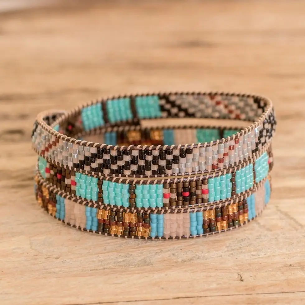 Handcrafted Glass Beaded Wrap Bracelet with Geometric Design 'Geometric Revolution'