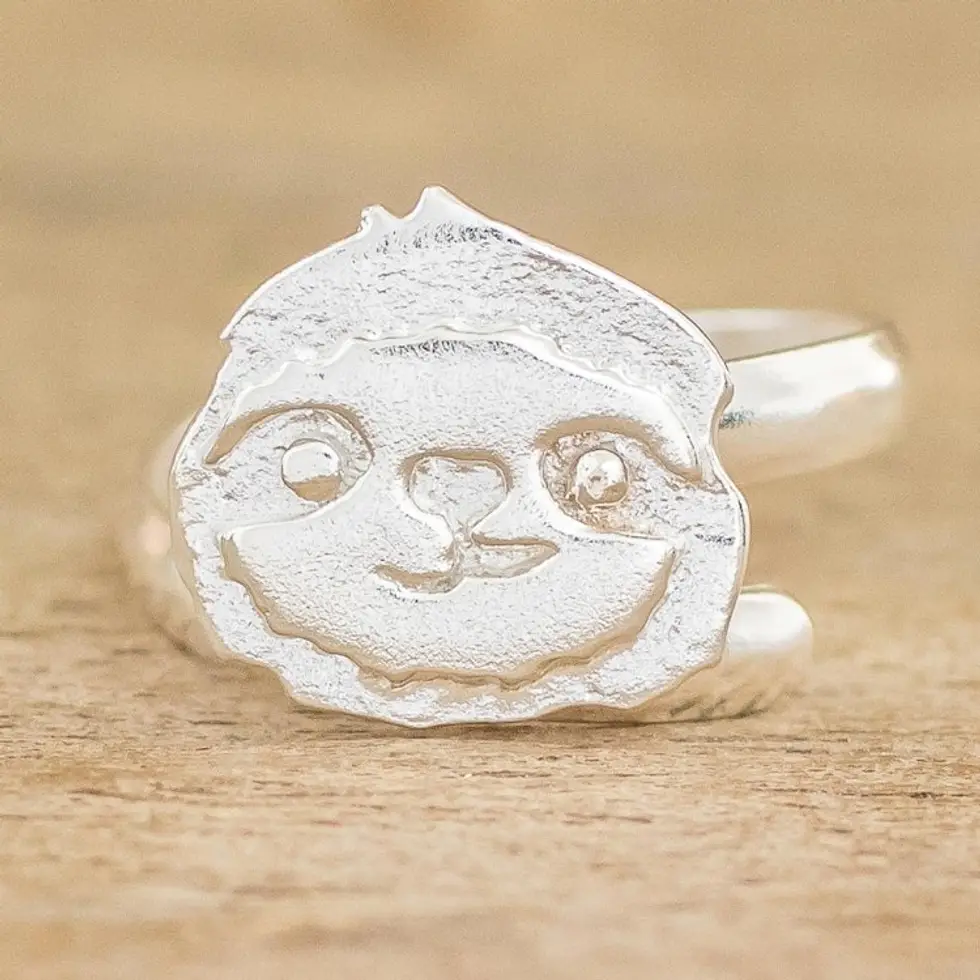 Sterling Silver Cocktail Ring with Sloth Face 'Adorable Sloth'