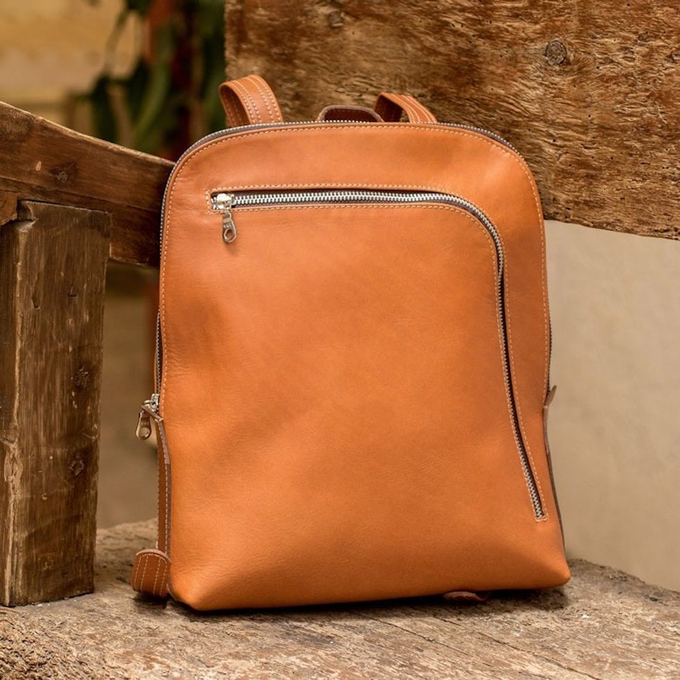 100 Leather Backpack with Zipper Accents from Costa Rica 'Stroll Through the City'