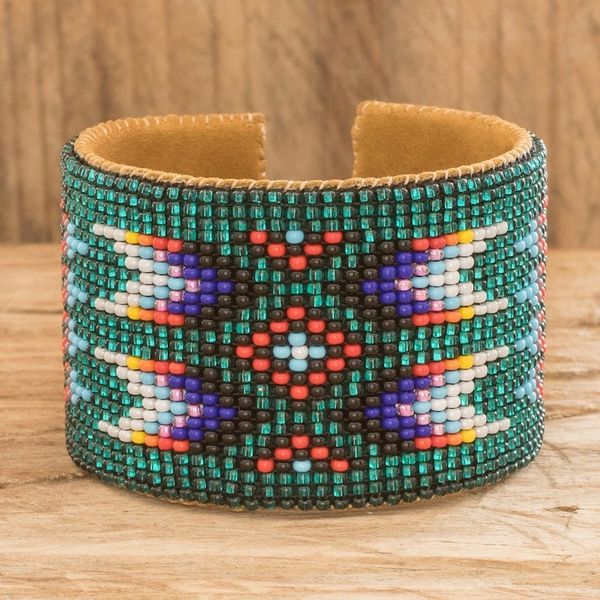 Alternate image for Beaded Leather and Suede Cuff Bracelet Handmade in Guatemala Native Designs