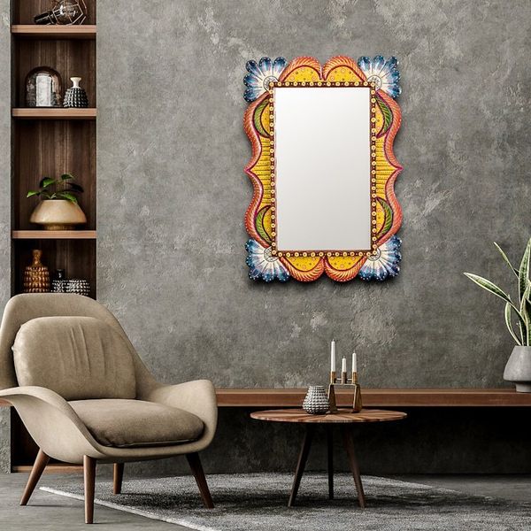 Alternate image for Wood Framed Wall Mirror in Blue and Orange from Guatemala Azure Flowers