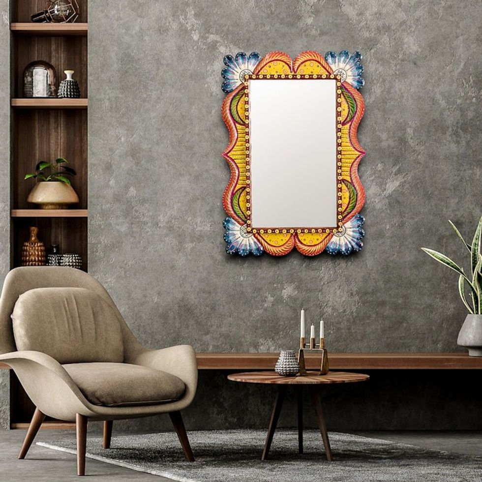 Wood Framed Wall Mirror in Blue and Orange from Guatemala 'Azure Flowers'