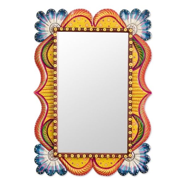 Alternate image for Wood Framed Wall Mirror in Blue and Orange from Guatemala Azure Flowers