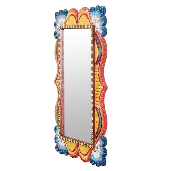 Alternate image for Wood Framed Wall Mirror in Blue and Orange from Guatemala Azure Flowers