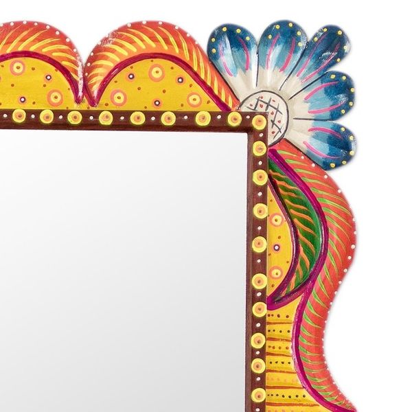 Alternate image for Wood Framed Wall Mirror in Blue and Orange from Guatemala Azure Flowers