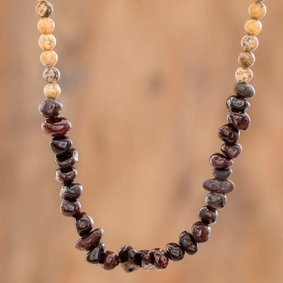 Garnet and Jasper Beaded Necklace Handmade in Guatemala 'Familiar Sands'
