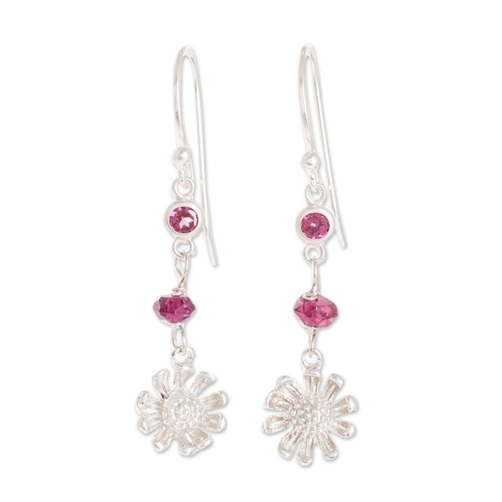 Crystal Beaded Sterling Silver Floral Dangle Earrings 'Burgundy Daisies'