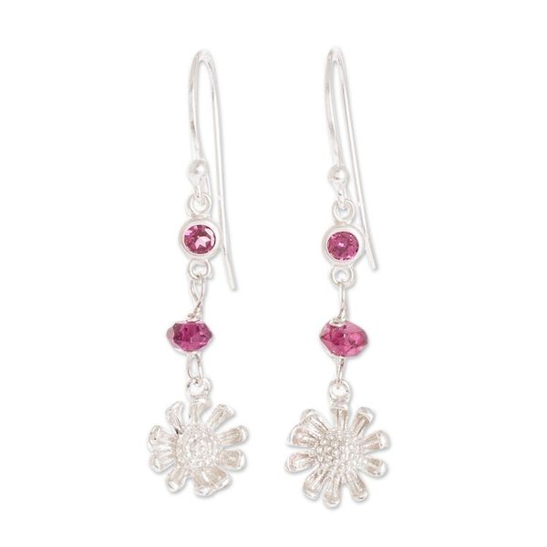 Alternate image for Crystal Beaded Sterling Silver Floral Dangle Earrings Burgundy Daisies