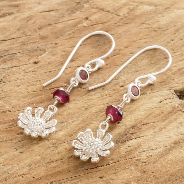 Alternate image for Crystal Beaded Sterling Silver Floral Dangle Earrings Burgundy Daisies