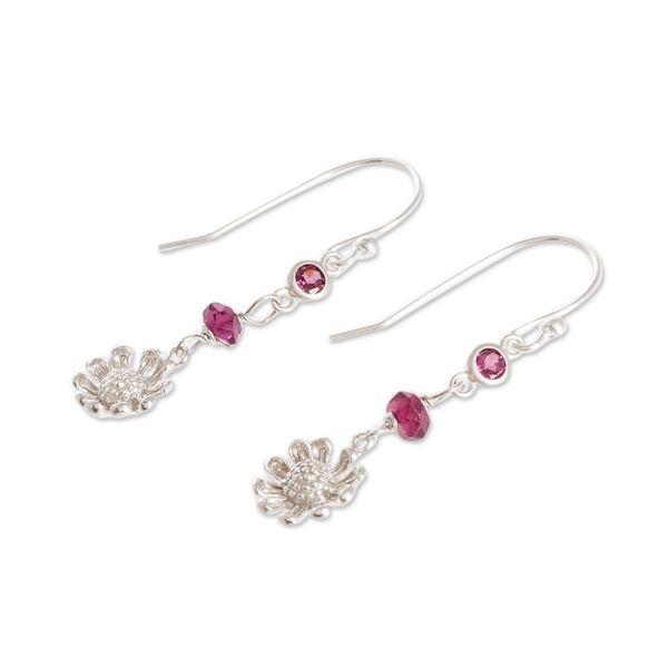 Alternate image for Crystal Beaded Sterling Silver Floral Dangle Earrings Burgundy Daisies