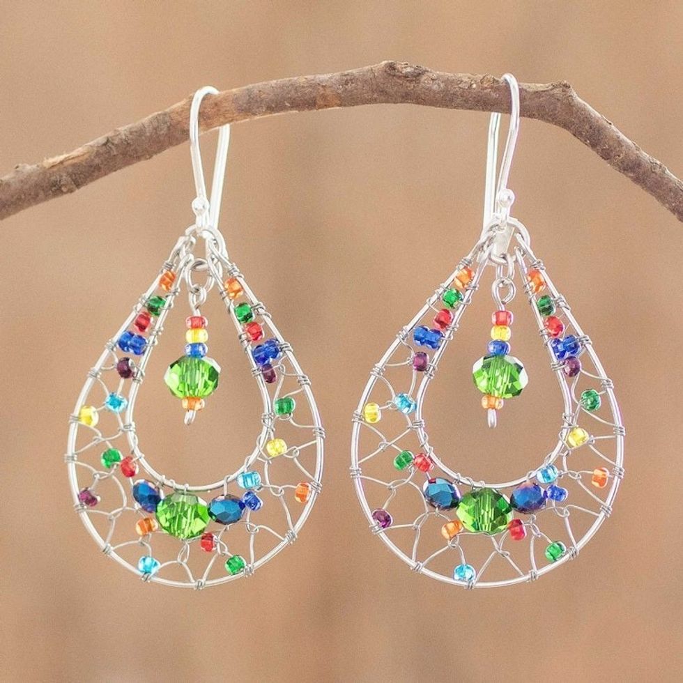 Double Drop Rainbow Crystal Earrings With Filigree 'Rainbow Sparkle'