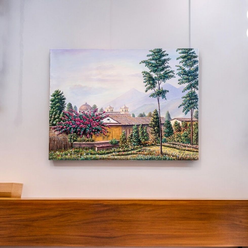 Signed and Stretched Realist Painting Crafted in Guatemala 'Domes of La Merced'