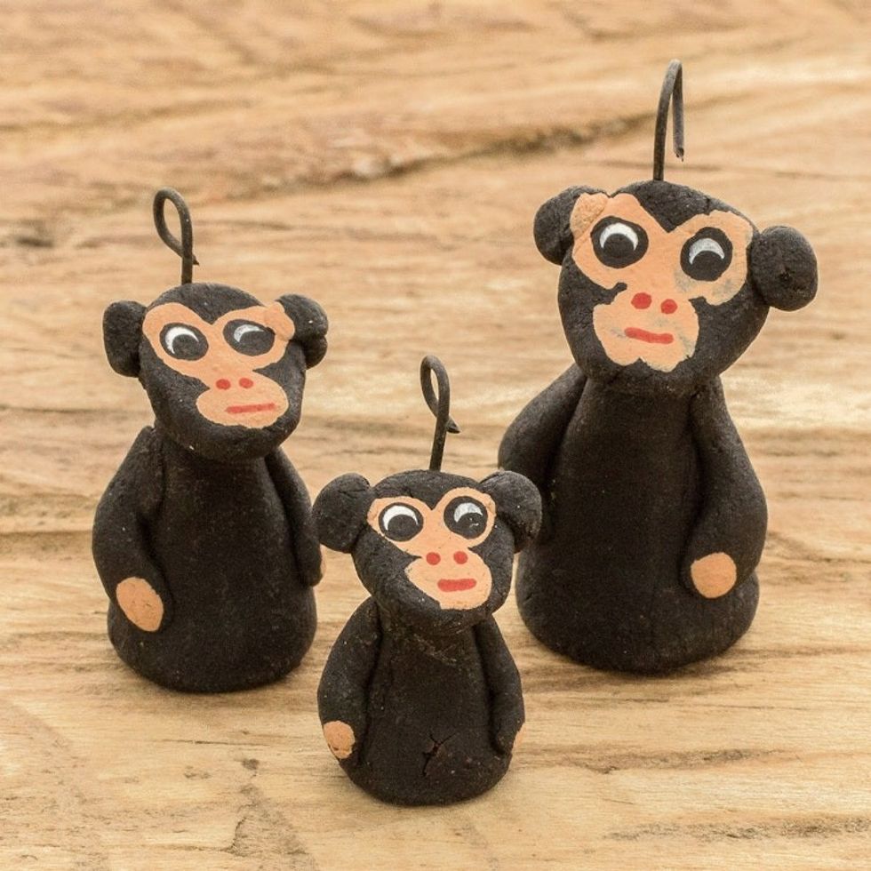 Set of 3 Hand-painted Black Monkey-themed Ceramic Figurines 'Black Monkey Family'