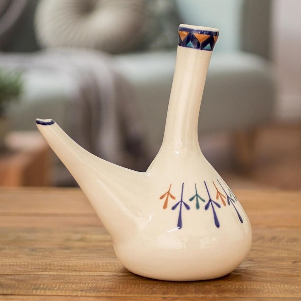 Off-White Ceramic Wine Server with Geometric Design 'Antigua Breeze'
