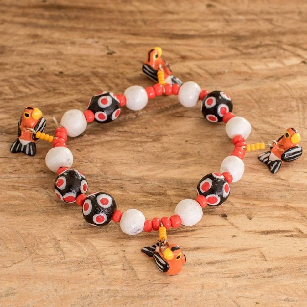 Ceramic and Glass Beaded Stretch Bracelet with Bird Charms 'Chalk-Browed Mockingbird'