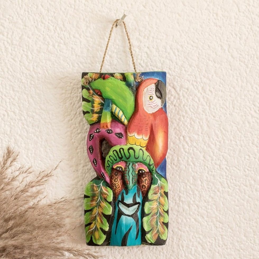Handmade Balsa Wood Mask with Hand-Painted Motifs 'Tropical Fauna'