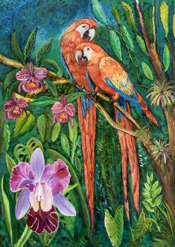 Alternate image for Original Signed Painting of Scarlet Macaws in Costa Rica Macaws in the Forest