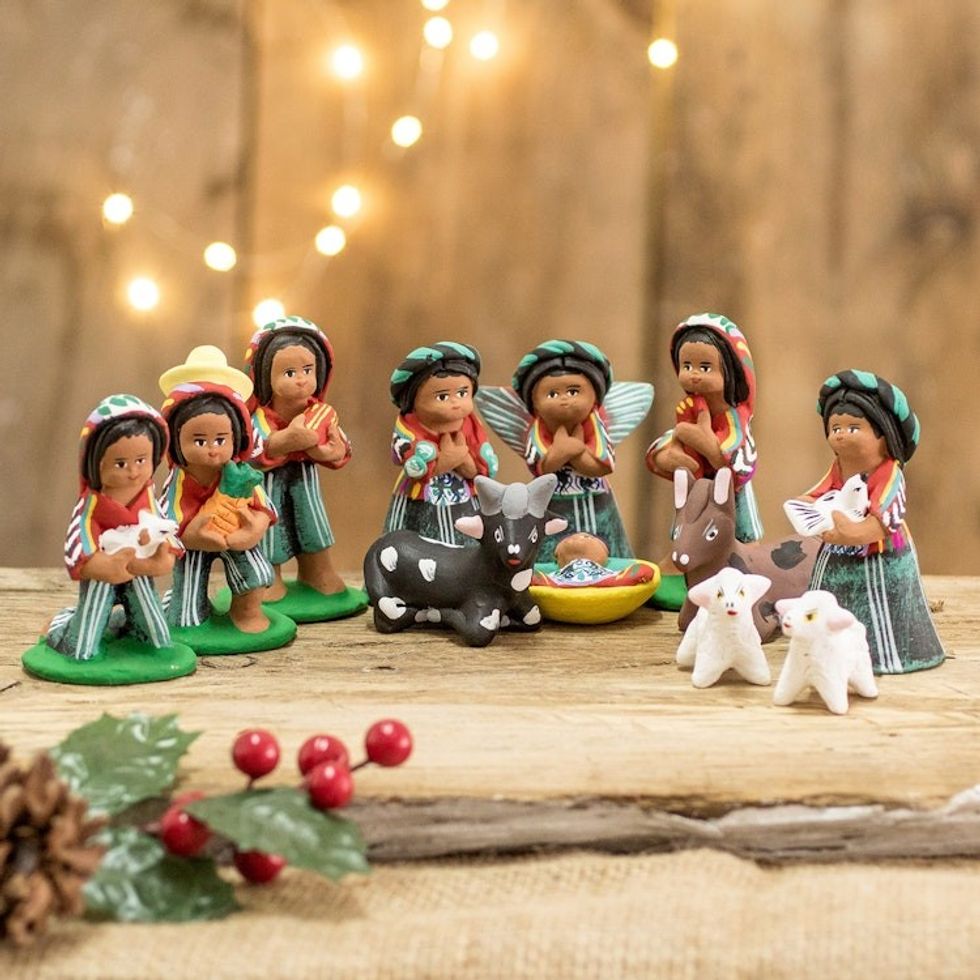 Traditional Guatemalan Ceramic Nativity Scene 12 Pieces 'Christmas in Santa Catalina'