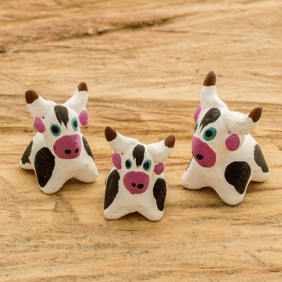 Set of 3 Hand-painted Bull-themed Ceramic Figurines 'Bull Family'