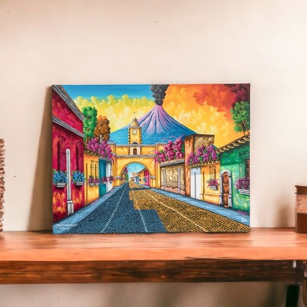 Alternate image for Signed Stretched Oil Painting of Traditional Street Santa Catalina Arch II