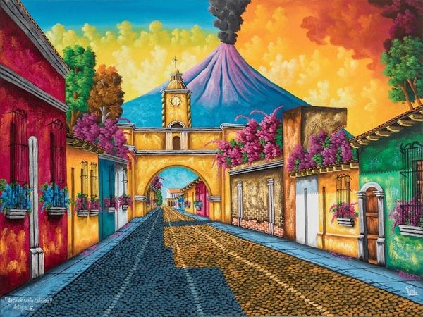 Alternate image for Signed Stretched Oil Painting of Traditional Street Santa Catalina Arch II