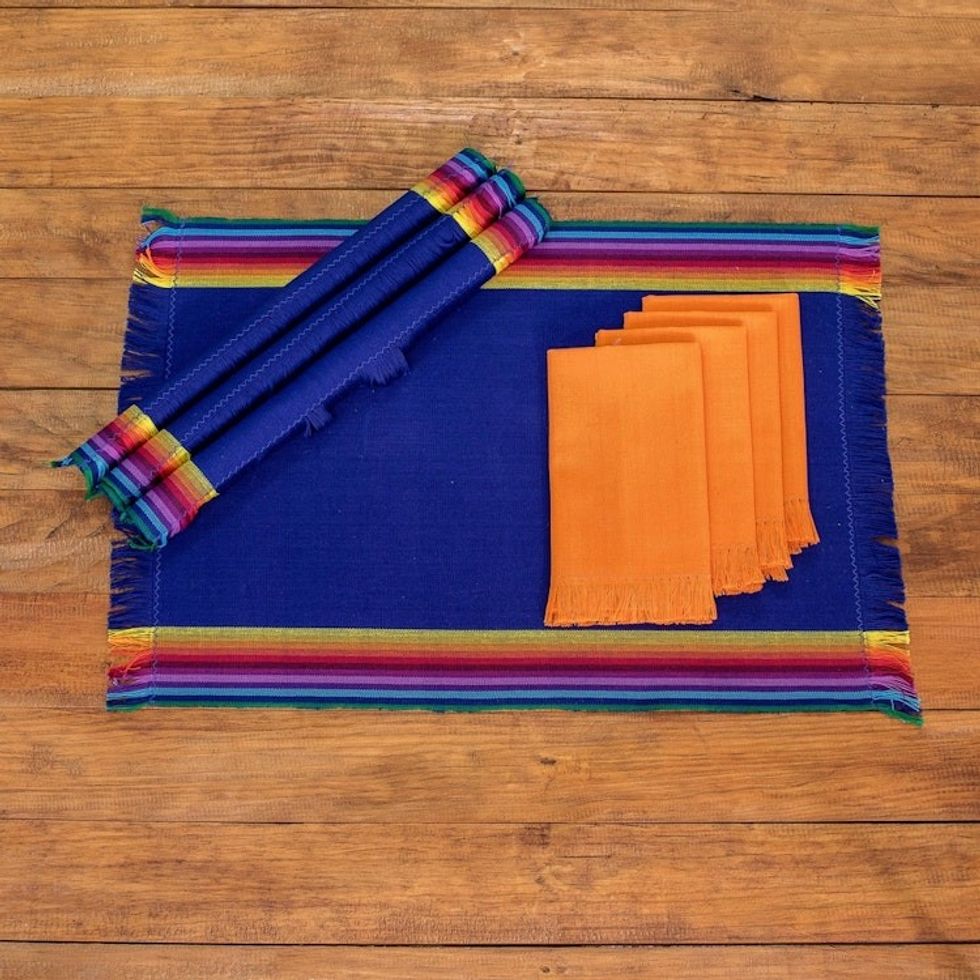 Handwoven Cotton Indigo Placemats with Napkins Set of 4 'Indigo Balance'