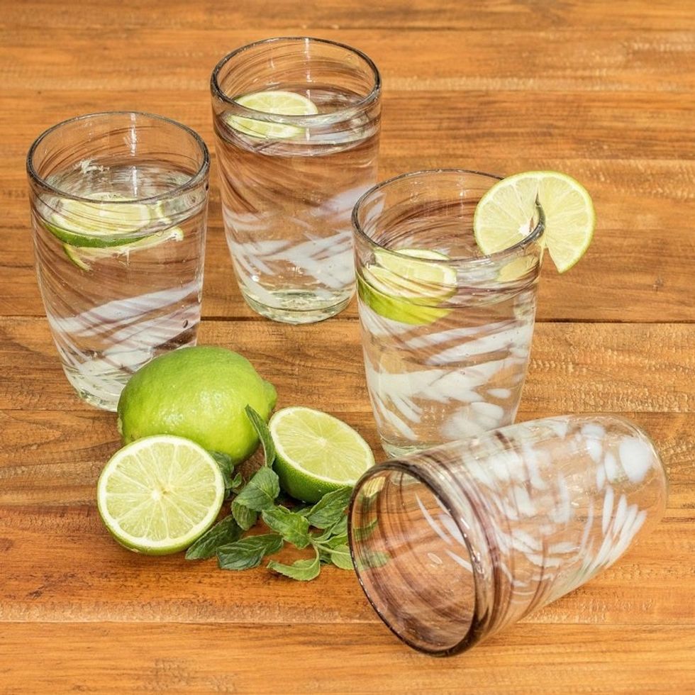 Violet and White Blown Glass Tumblers Set of 4 'Fusion'