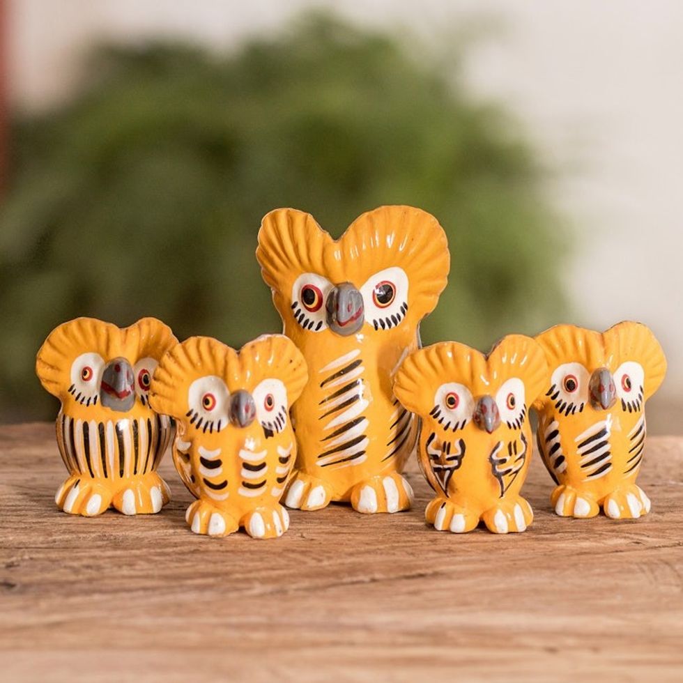 Set of 5 Handmade Ceramic Owl Figurines from Guatemala 'Harmonious Tecolote Family'